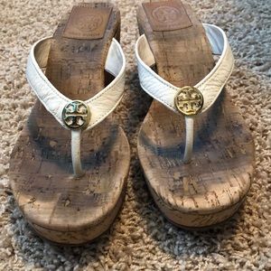 TORY BURCH cream leather sandals, 3 inch cork heel